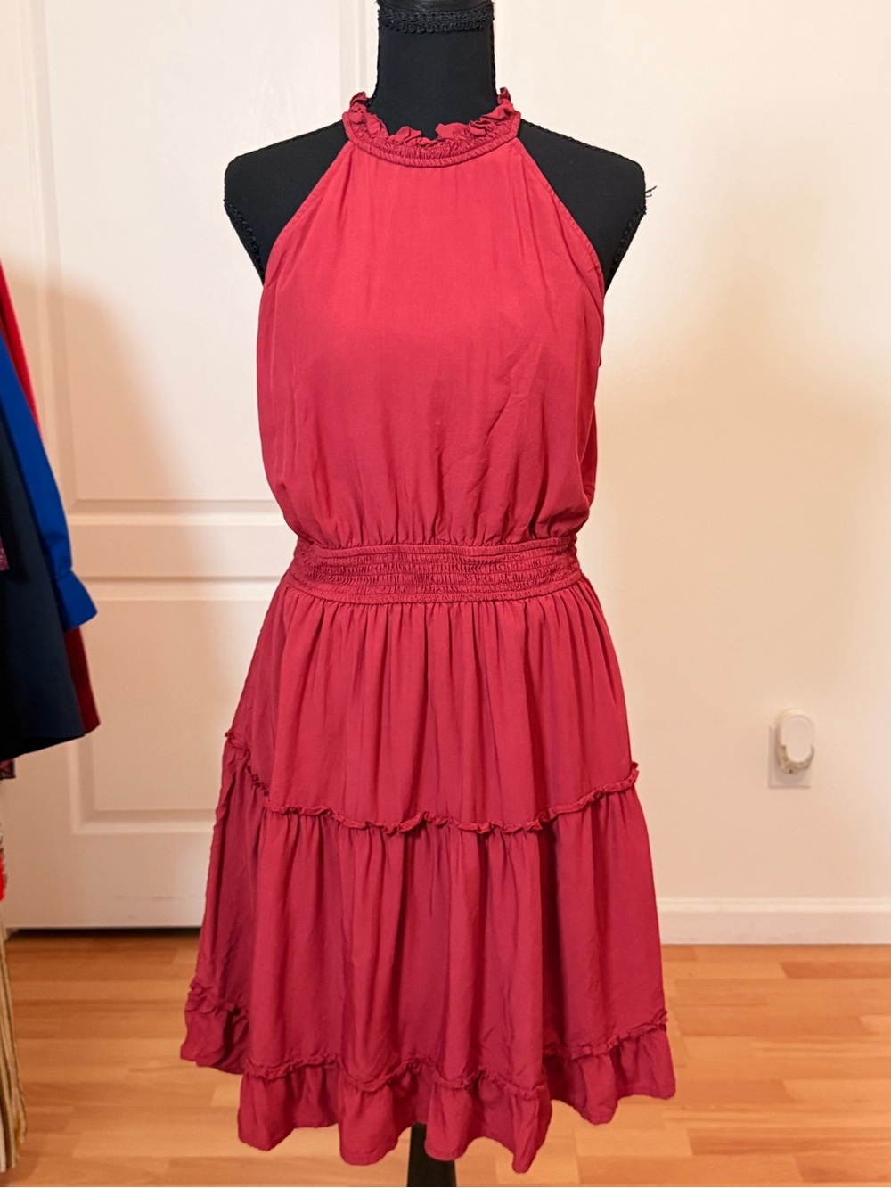 MEROKEETY Red Ruffle Halter Tiered Mini Dress Smocked Waist Boho